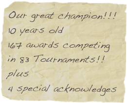 Our great champion!!!
10 years old 
167 awards competing 
in 83 Tournaments!! plus 
4 special acknowledges